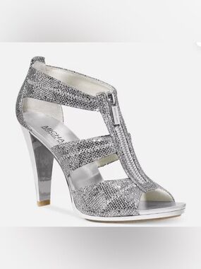 MICHAEL KORS SILVER GLITTER FRONT-ZIP T-STRAP HEELS